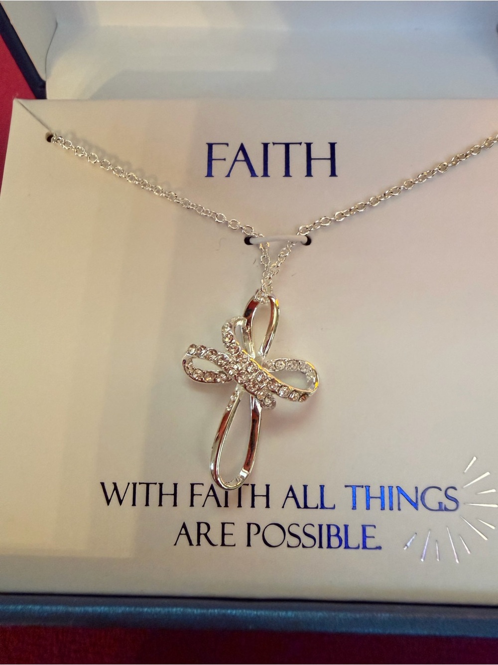 Silver Cross Necklace with Crystal Ribbon Accent